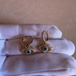 Blue and Gold Evil Eye Earrings- Greek Turkish Drop earring gold plated hanging